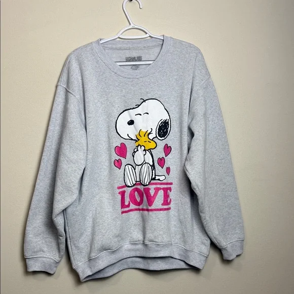 Peanuts Snoopy Woodstock Love Crewneck Sweatshirt Gray Pink Graphic Women’s XL - Picture 2 of 6